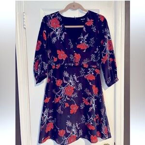 Madewell Silk Ruffle Waisted Dress Size 0 Blue Red Poppies 3/4 Sleeves